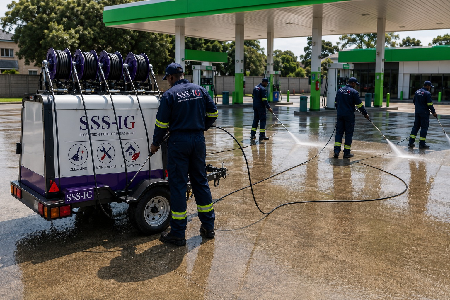 Forecourt and paved area cleaning using high-pressure water jetting