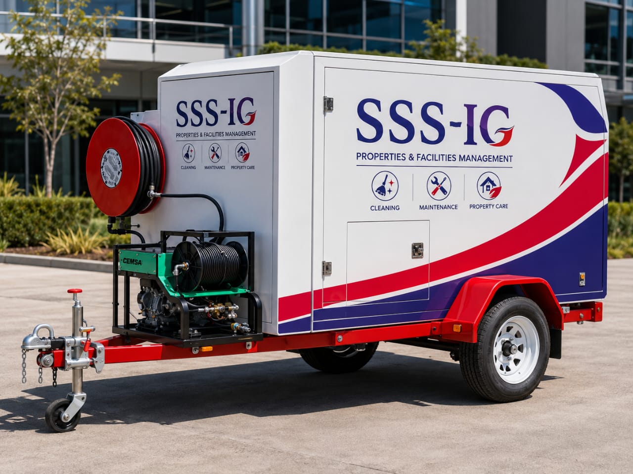 Professional trailer-mounted compressor and pump for industrial cleaning